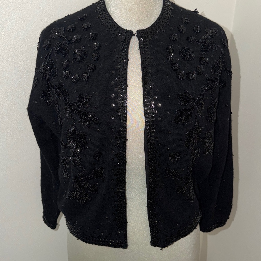 Vintage black cardigan sweater sequin beaded embellished small cocktail s